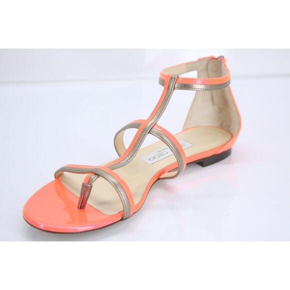 Jimmy Choo Tabitha T Strap Caged Thong Sandals Size 37.5 Orange Platinum $795 - Picture 1 of 11